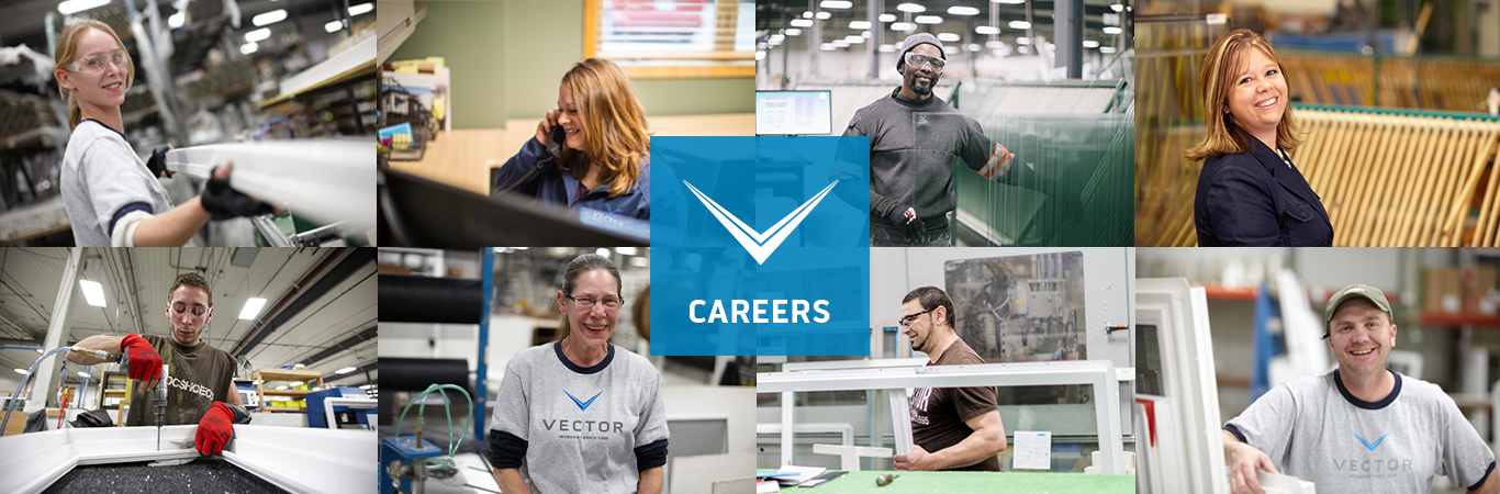 Collage of happy people working at Vector Windows & Doors